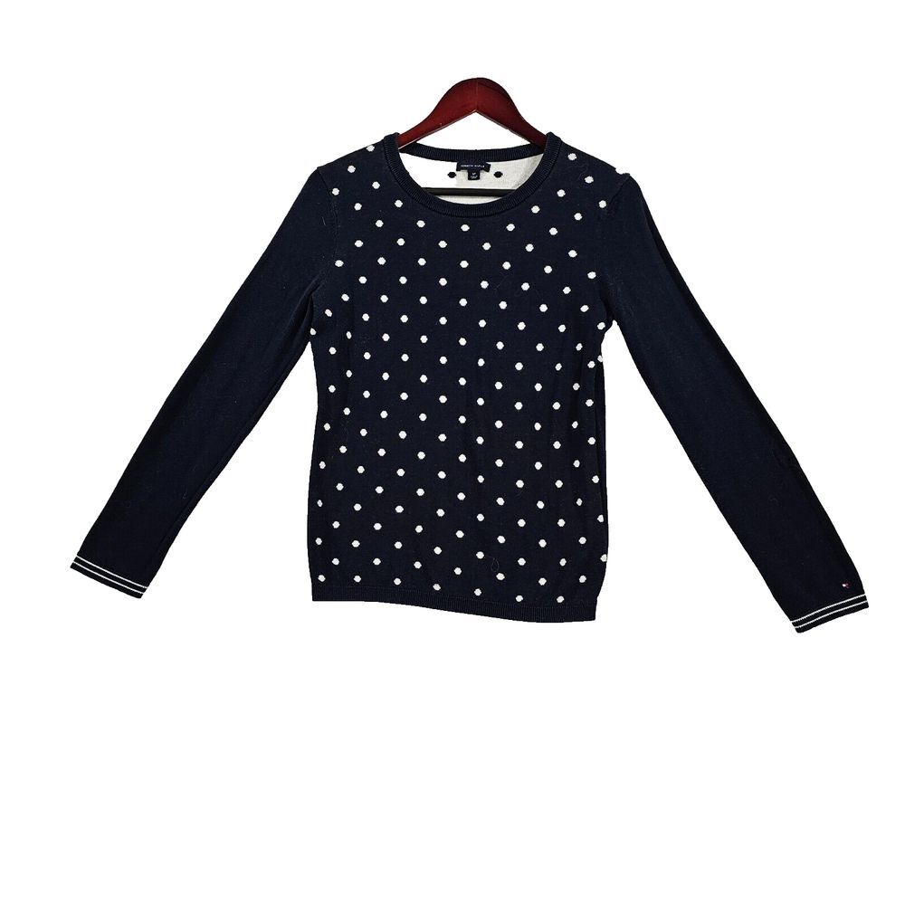 Tommy Hilfiger Navy Blue White Polka Dot Long Sleeve Pullover Sweater Women S/P